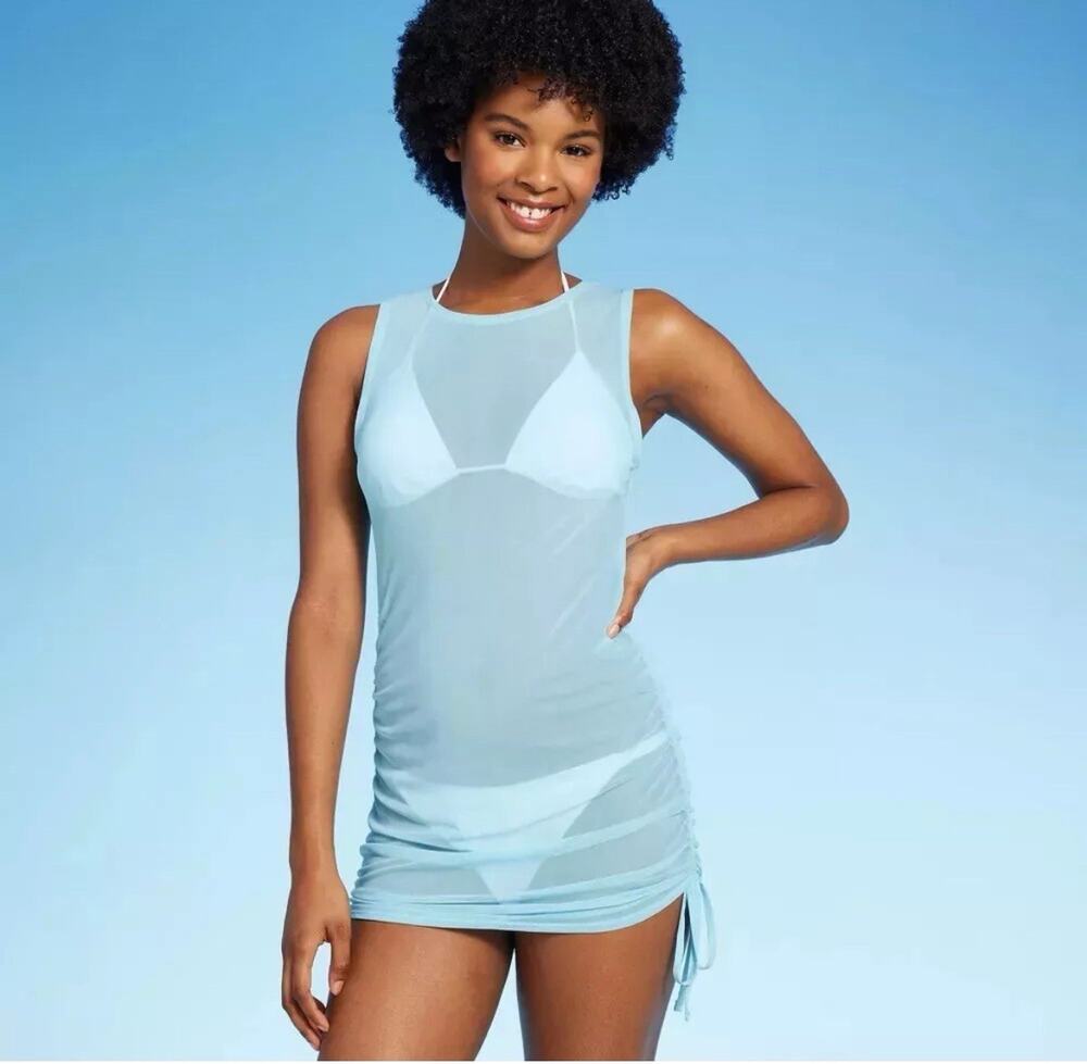 Wild Fable Women's Mesh Drawstring Ruched Swim Cover Up Dress -Blue Small